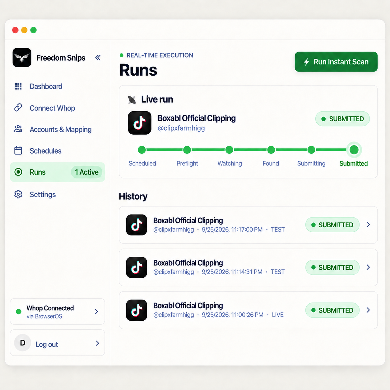 Freedom Snips runs dashboard confirming a submitted post
