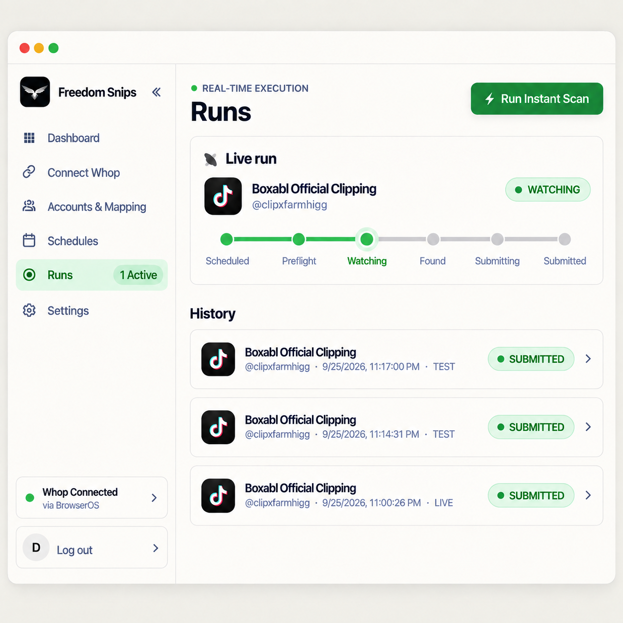 Freedom Snips runs dashboard watching for newly published posts